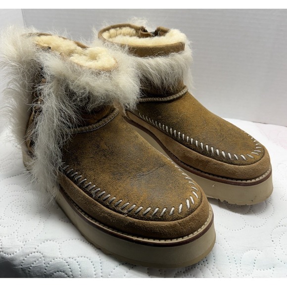 UGG Shoes - UGG Fluff Punk Womens Ankle Boots Chestnut Suede Toscana Sheepskin Size 8